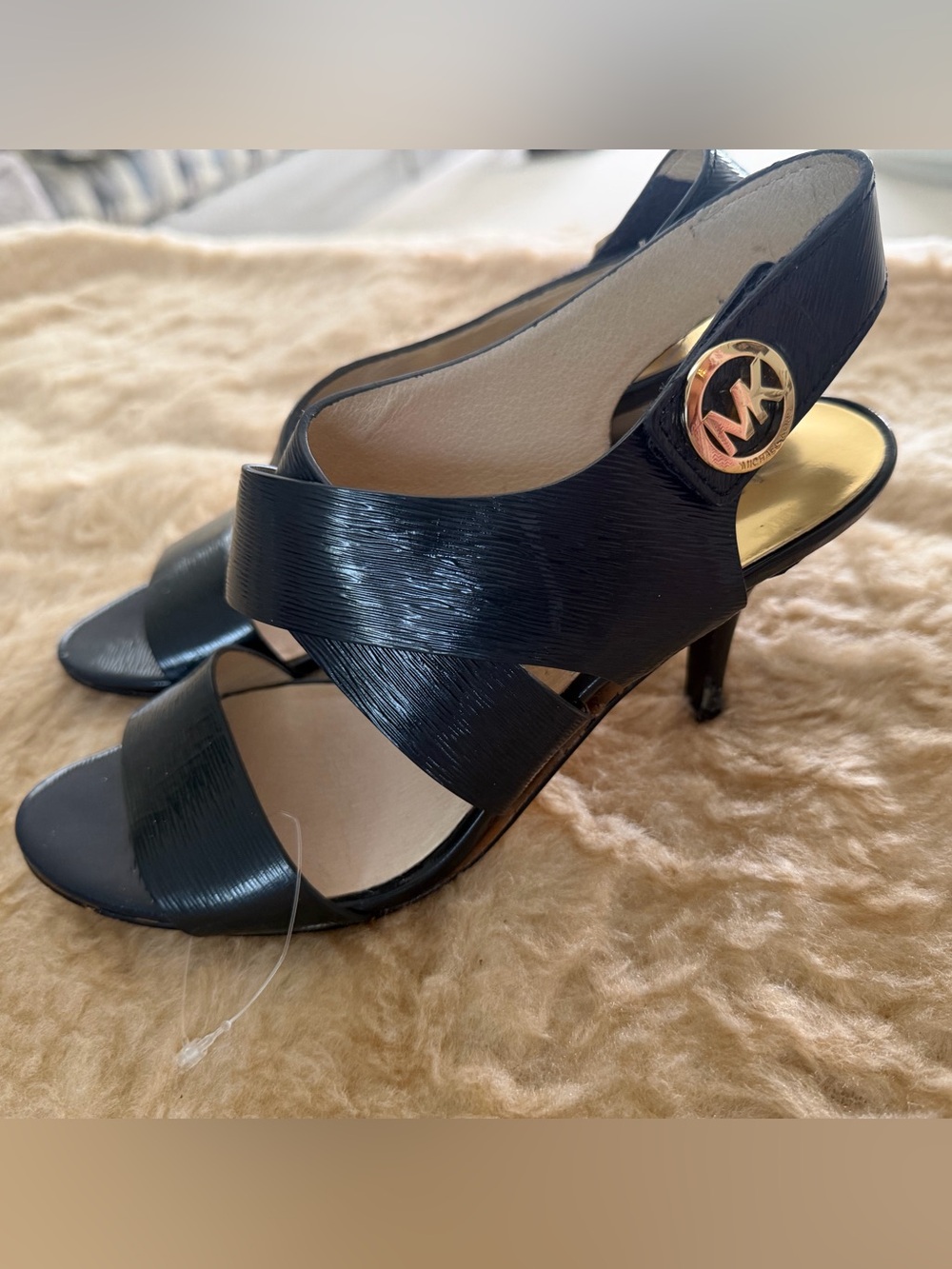Michael Kors Black Textured Crisscross Slingback Heels with Gold MK Emblem